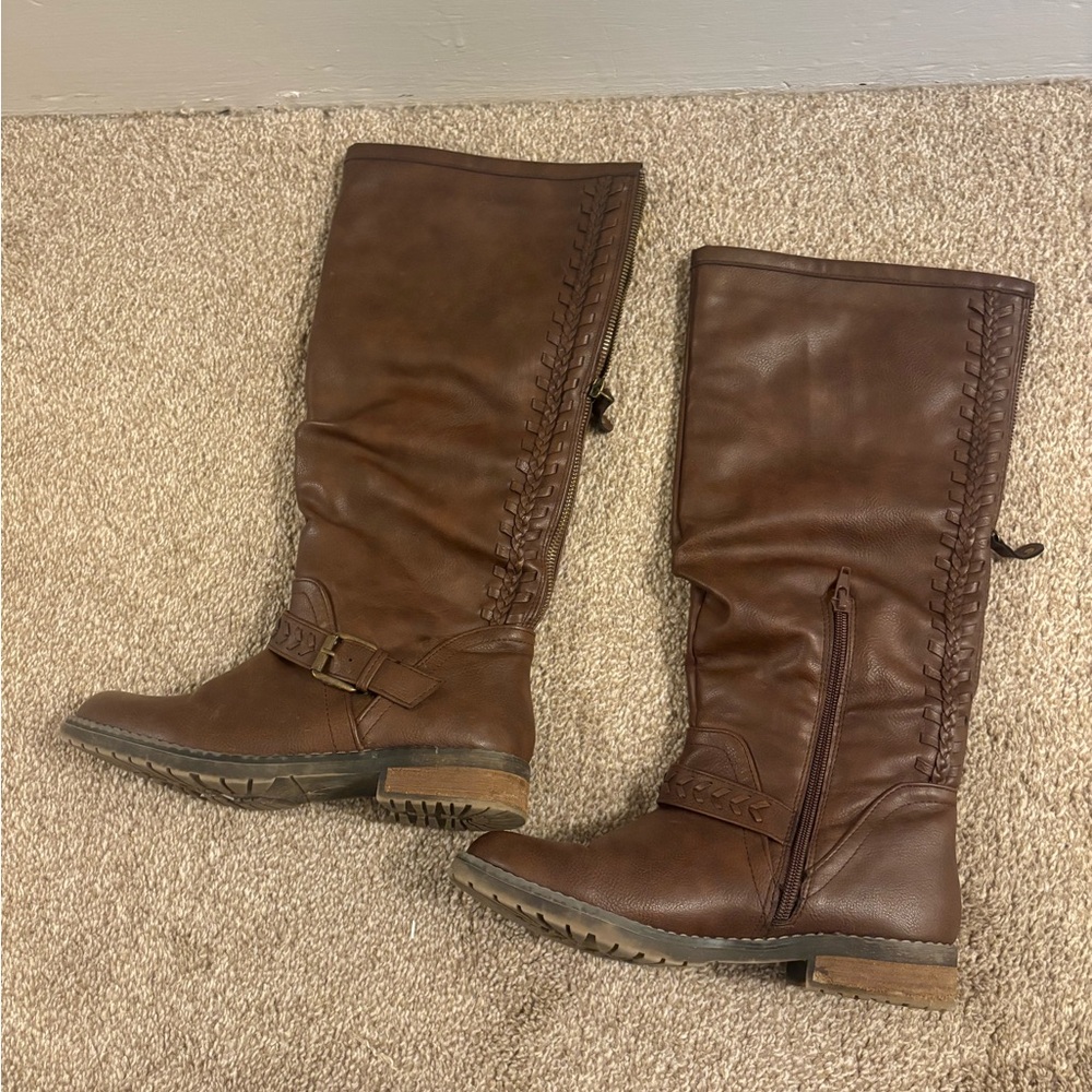 Brown Knee-High Faux Leather Boots